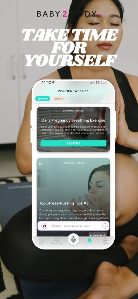 Baby2Body: Pregnancy Wellness - A pregnant woman meditating with the Baby2Body app interface displaying daily breathing exercises and mental wellness tips.