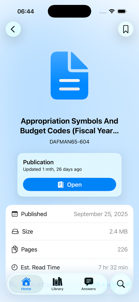 Interface of the AFI Explorer app showing metadata for an Air Force publication including page count and estimated read time