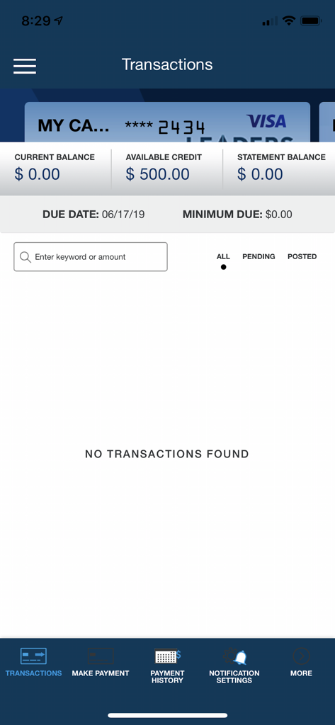 Leaders Card Controls - Leaders Card Controls app showing transaction details and available credit