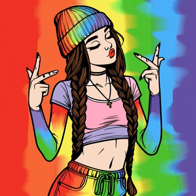 realistic teenage girl with braids and a beanie and crop top doing 🫶🏼