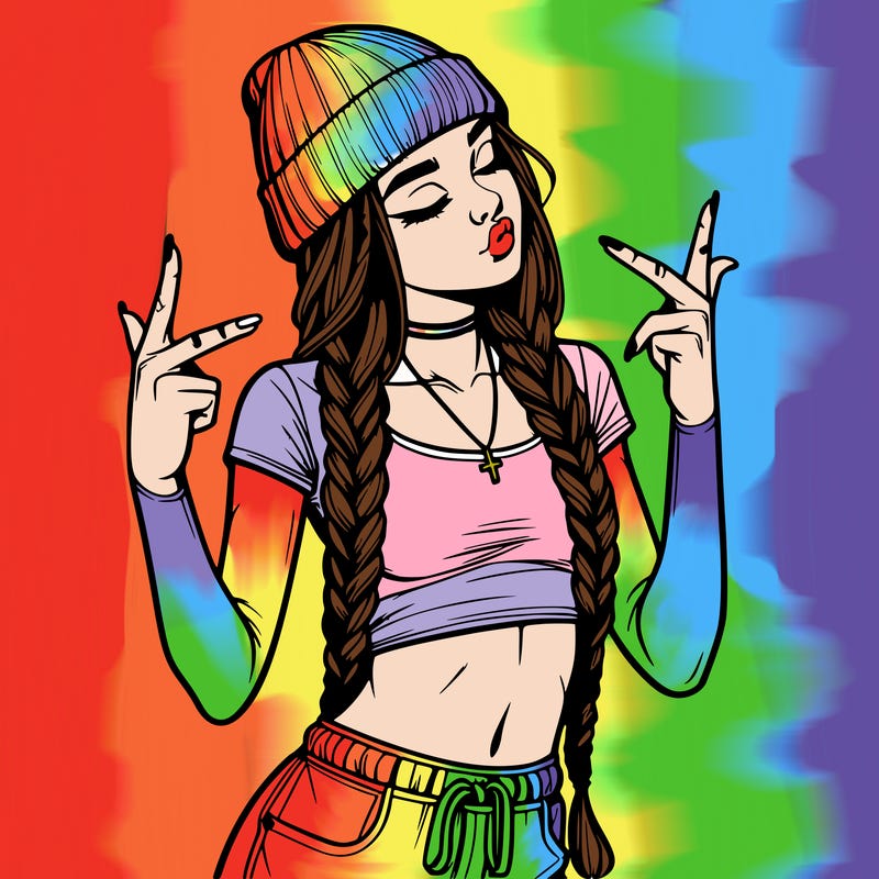 realistic teenage girl with braids and a beanie and crop top doing 🫶🏼