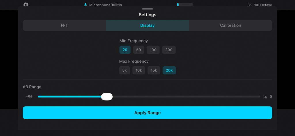 Panel de configuración para ajustes de rango de frecuencia y decibelios en el Analizador de Audio FFT de Espectro.
