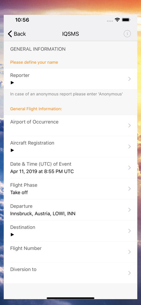 IQSMS Reporting - General flight information reporting form in the IQSMS Reporting app