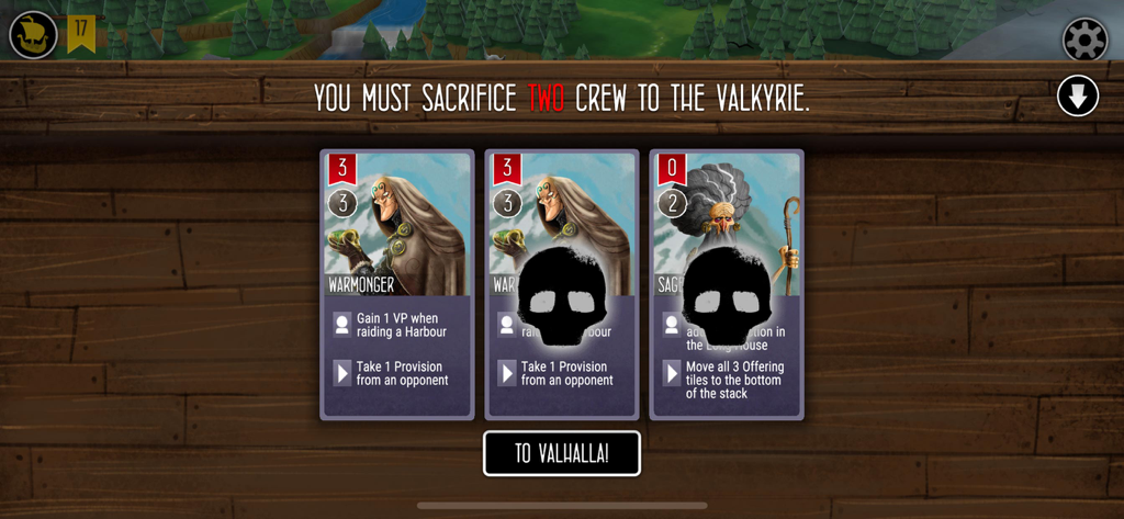 A gameplay screen from the Raiders of the North Sea digital board game showing the crew sacrifice mechanic with Viking cards and skull icons.