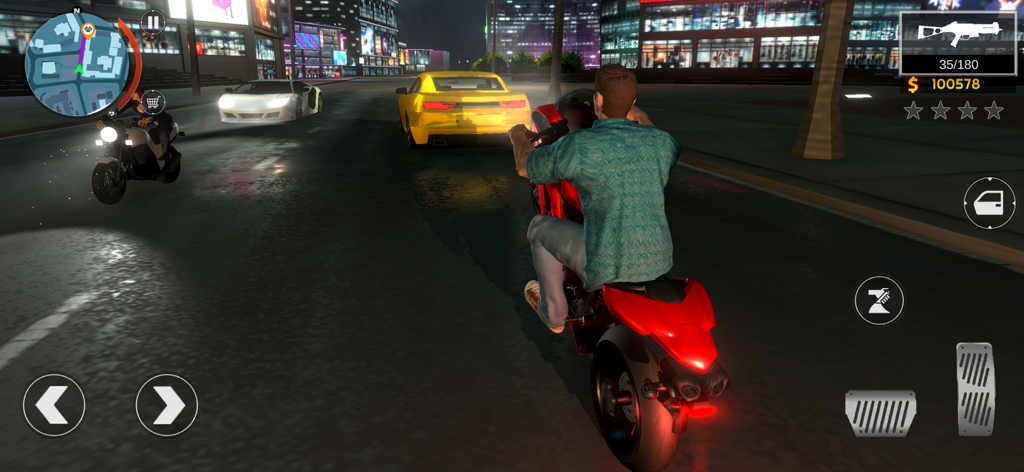 Gangster iv - Mafia Crime City - Third person view of a character riding a red motorcycle through neon lit city streets at night
