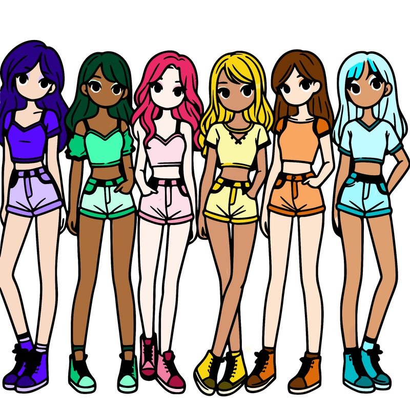 a group of girls wearing crop tops and shorts