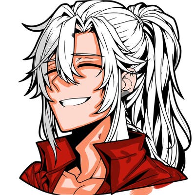 realistic hot anime boy with a grin and long hair in a pony tail