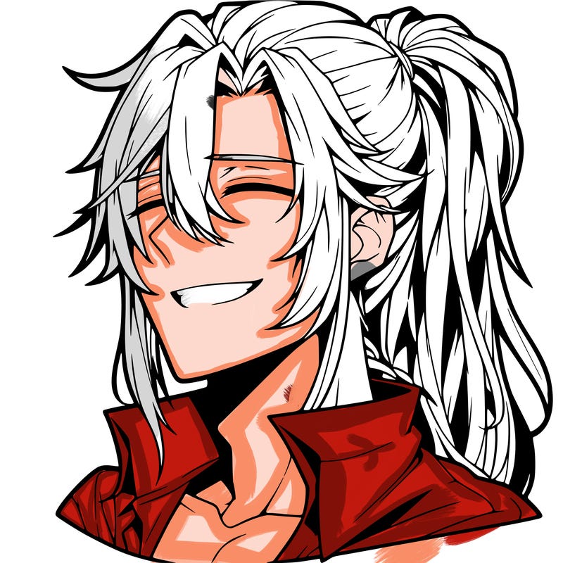 realistic hot anime boy with a grin and long hair in a pony tail