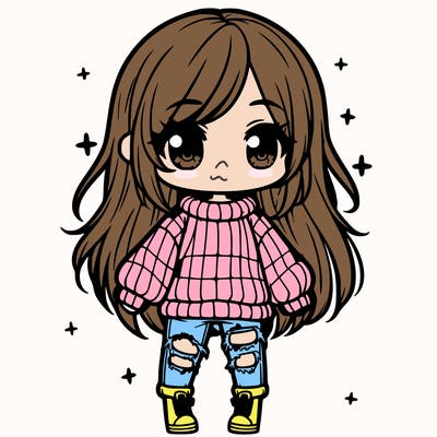 chibi girl with ripped jeans,long hair, and an oversized sweater
