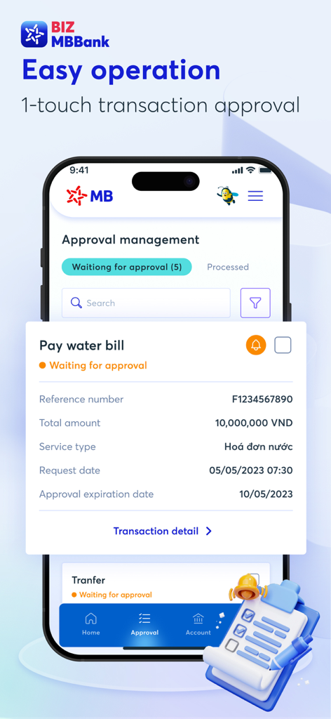 Interfaz de la aplicación BIZ MBBank 2.0 que muestra la aprobación de transacciones con un solo toque para un pago de factura empresarial.