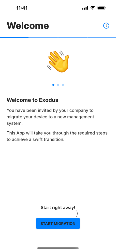 Welcome screen of the Exodus Companion app with a start migration button and waving hand icon