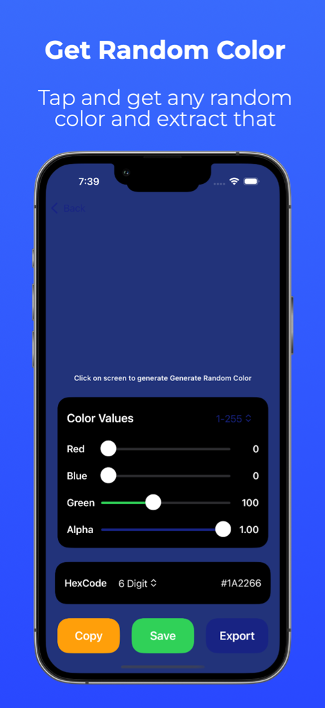 조정 가능한 RGB 슬라이더 및 16진수 코드 표시를 사용하여 임의의 색상을 생성하는 ColorPixel 앱 화면