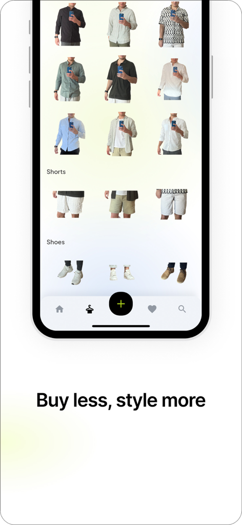 Smartphone screen showing a digital closet organized by category with the slogan Buy less style more
