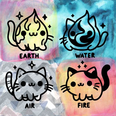 4 cats that represent the different elements, earth, water, air, and fire