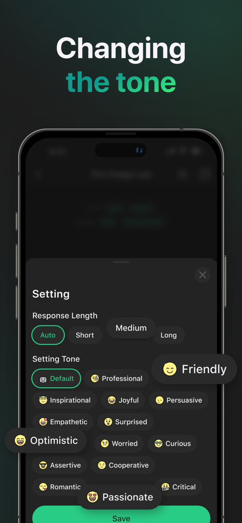 AI Master: Smart Assistant - AI Masterアプリの設定画面。チャット応答の長さとトーンをカスタマイズするための設定。