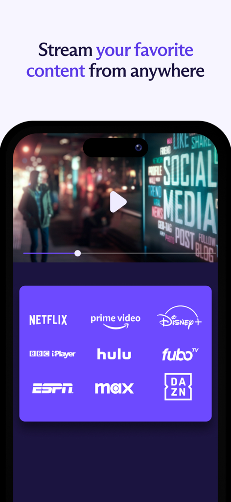 Proton VPN mobile screenshot showing compatibility with major streaming services like Netflix and Disney Plus