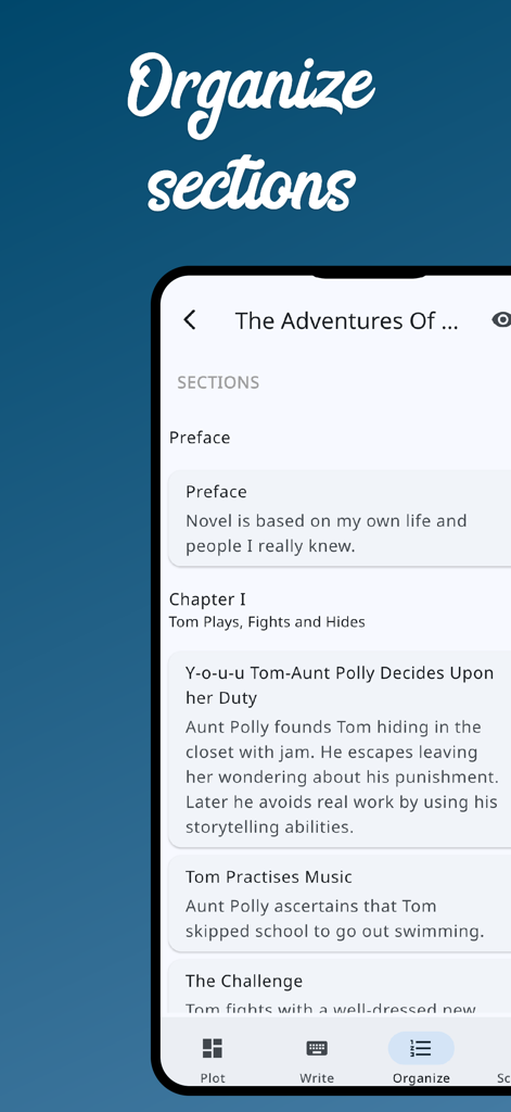 Interface of the Novelist mobile app showing the organize sections screen with a list of book chapters and scene summaries