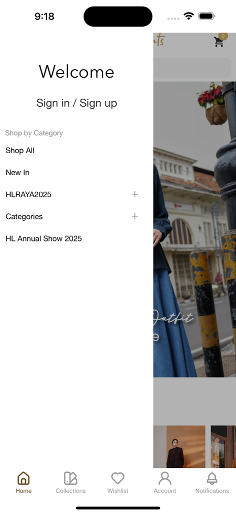 Heaven Lights - Heaven Lights app navigation menu displaying shop categories and sign in options