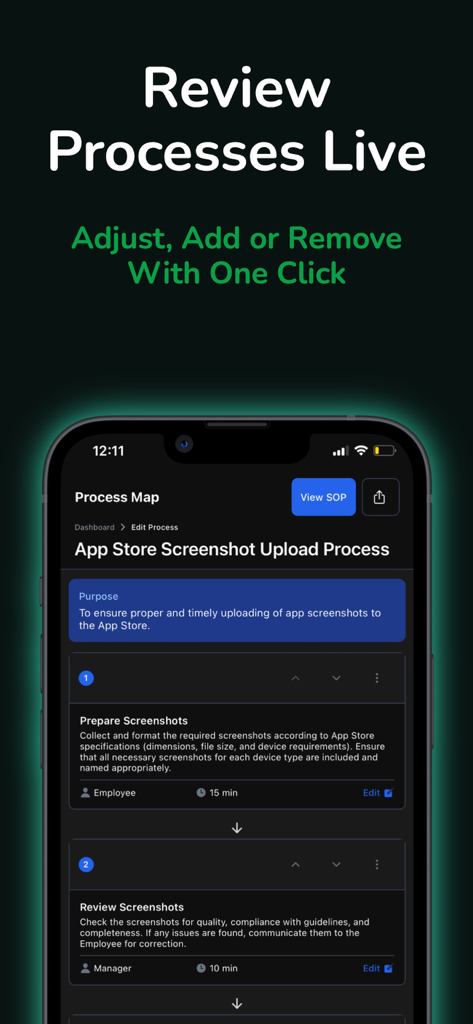 Mobile view of the SOPmate app displaying a visual process map and workflow editing tools