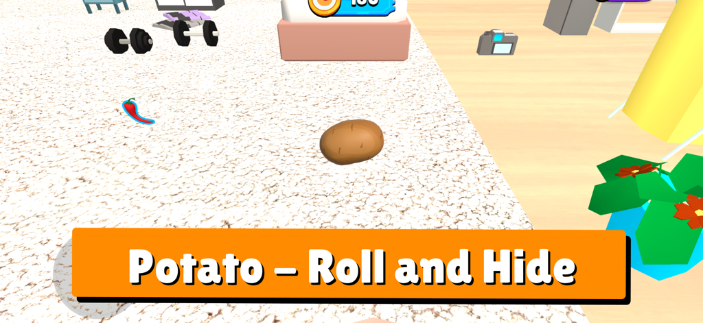 A brown potato character sitting on a white carpet next to a chili pepper in the mobile game Wheres Potato