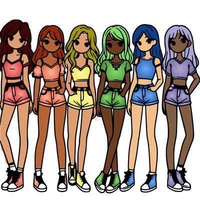 a group of girls wearing crop tops and shorts