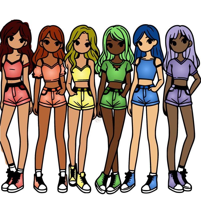 a group of girls wearing crop tops and shorts
