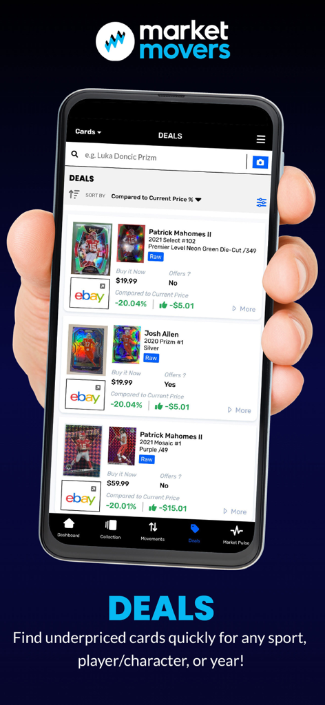 Market Movers - Market Movers app screen showing the Deals feature with price comparisons for sports trading cards