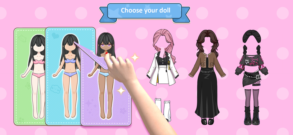 Kawaii Paper Doll Dressup Game - Pantalla que muestra opciones para elegir un personaje de muñeca de papel y varios atuendos de moda