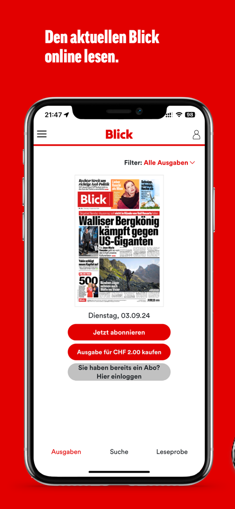 Um smartphone exibindo o aplicativo Blick E-Paper com a edição mais recente do jornal digital e opções de assinatura.
