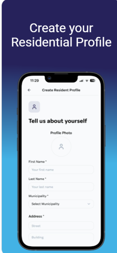 Qarib : Connect & Grow - Qarib app screen showing residential profile creation form