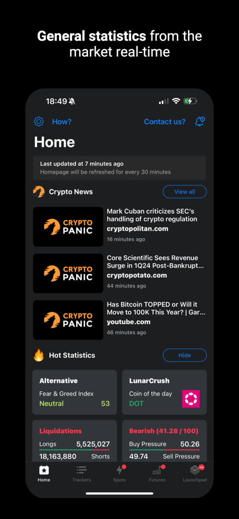 The Zyncas crypto app home screen featuring real-time market statistics and news.