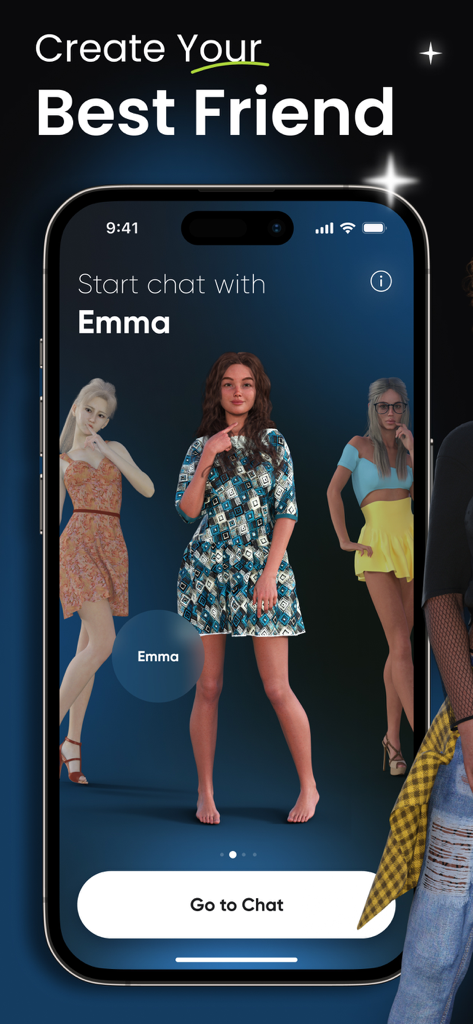 Interface of the AI Friend app showing various 3D avatars for virtual companionship