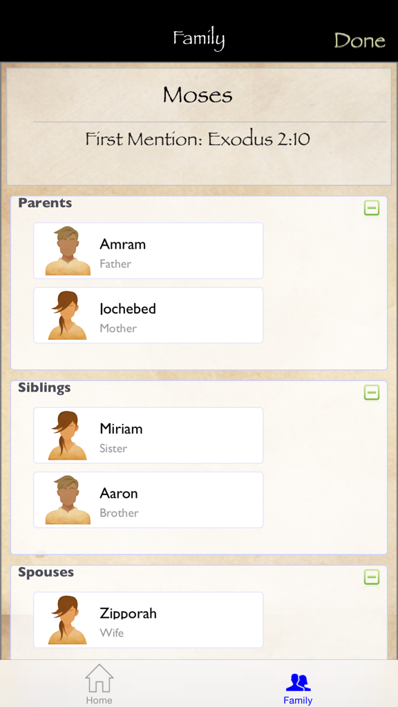 Screenshot of the Bible Family Tree app displaying the family connections of Moses including his parents siblings and spouse