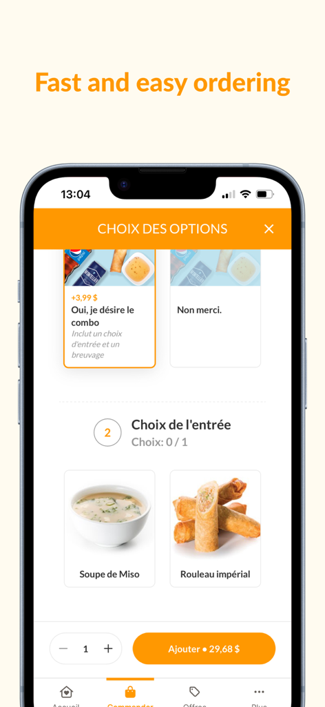 Yuzu Sushi mobile app interface showing menu selection for appetizers like miso soup and imperial rolls