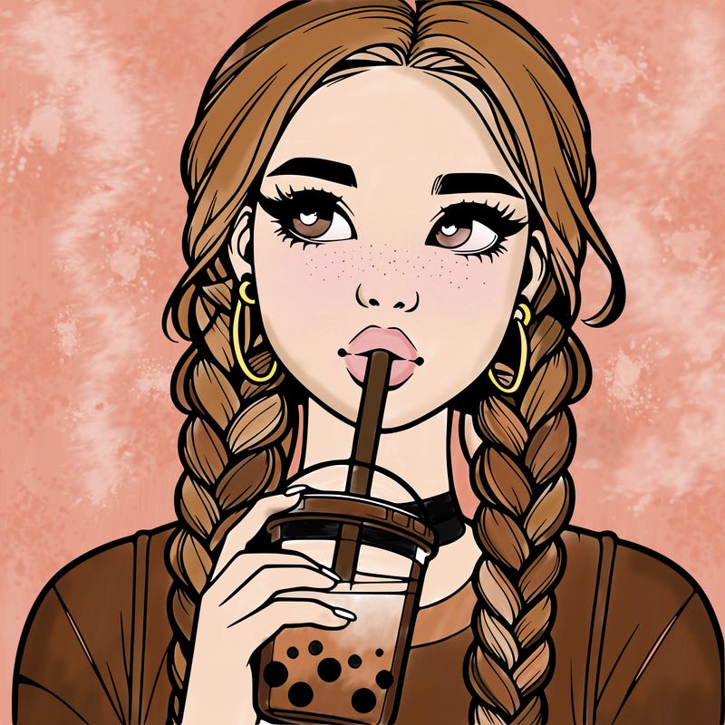 realistic girl with braided hair drinking boba