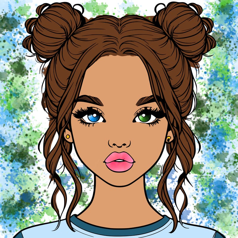 realistic girl with two buns in hair and lips
