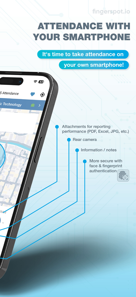 A smartphone displaying the Fingerspot app features including biometric authentication and GPS tracking for employee attendance