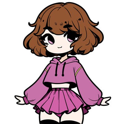 cute femboy with short, fluffy hair that softly frames their face, wearing a cropped hoodie, paired with a flouncy short skirt, and thigh-high stockings
