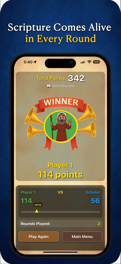 Verse Pursuit - Pantalla de victoria en Verse Pursuit que muestra a un jugador ganando una ronda de escrituras con una insignia de Discípulo de la Palabra