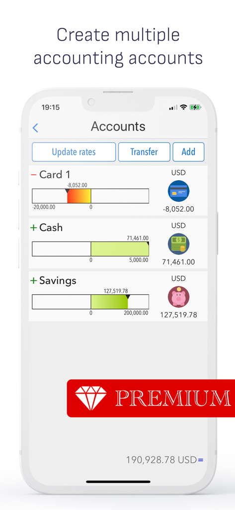 Daily Expenses: Finance - Daily Expenses app screenshot showing management of multiple accounts including card cash and savings
