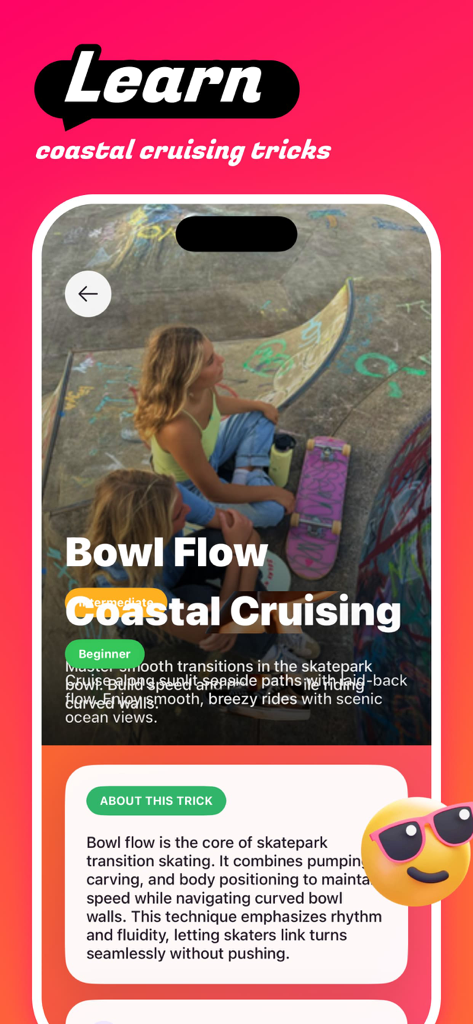 Fervid - Chat & Fun - A mobile app screen titled Learn coastal cruising tricks featuring a tutorial on Bowl Flow for skateboarders