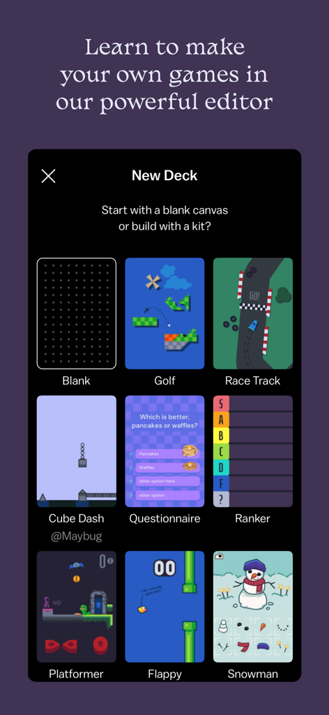 Castle app game creation interface showing various templates like Golf and Race Track
