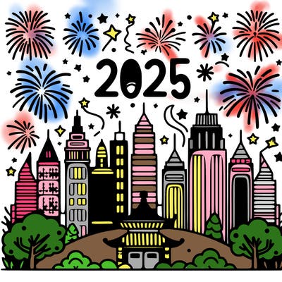 2025 with fireworks in the background