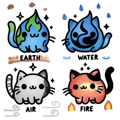 4 cats that represent the different elements, earth, water, air, and fire