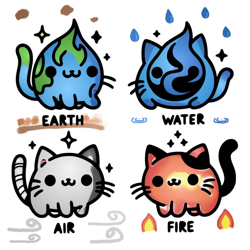4 cats that represent the different elements, earth, water, air, and fire