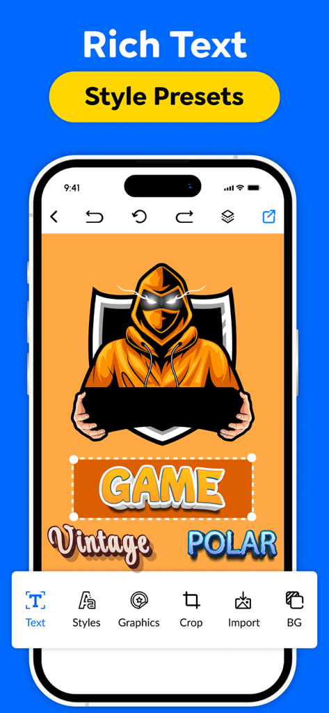 Interface de um aplicativo de design de logo exibindo opções ricas de texto e predefinições de estilo de fonte para um logo mascote de jogo.