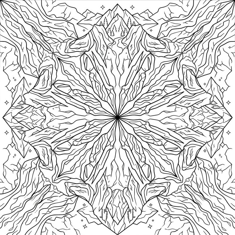 Immerse yourself in the serene beauty of a glacial landscape reimagined as a stunning mandala. This intricate design features U-shaped valleys and majestic ice formations, offering a unique blend of nature's grandeur and meditative art.