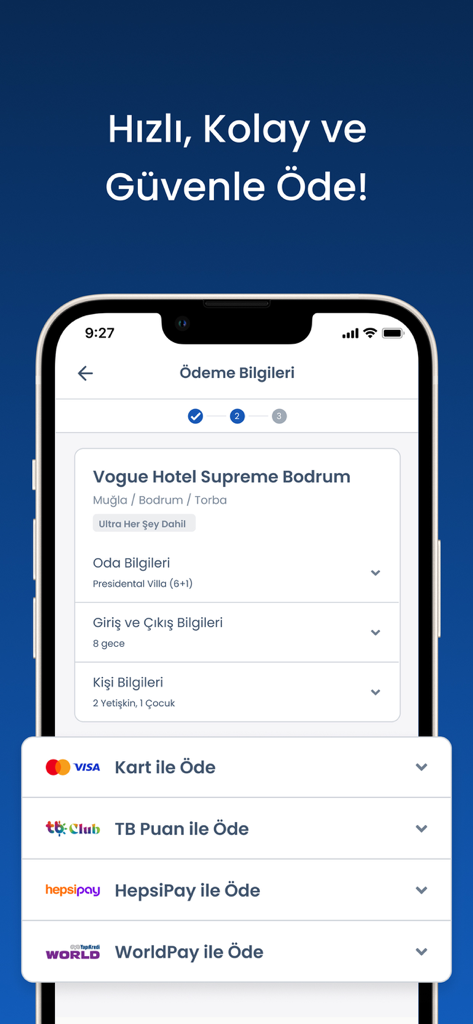 Tatilbudur app secure payment interface showing multiple payment methods for a hotel booking in Bodrum