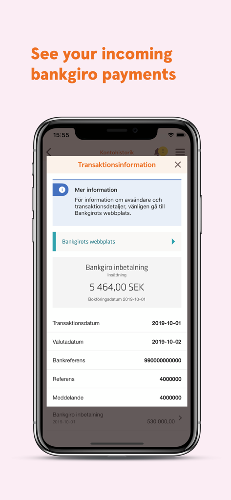 Swedbank företag - Interfaz de la aplicación empresarial Swedbank que muestra detalles de pagos de Bankgiro entrantes y el historial de transacciones.