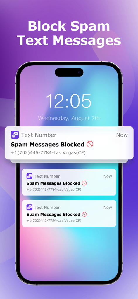 A mobile phone screen displaying notifications from the Text Number app indicating that spam messages have been blocked